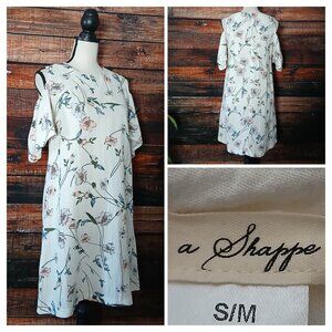 A Shappe Dress S M Cold Shoulder White Floral Linen Flutter Sleeve Zip Back